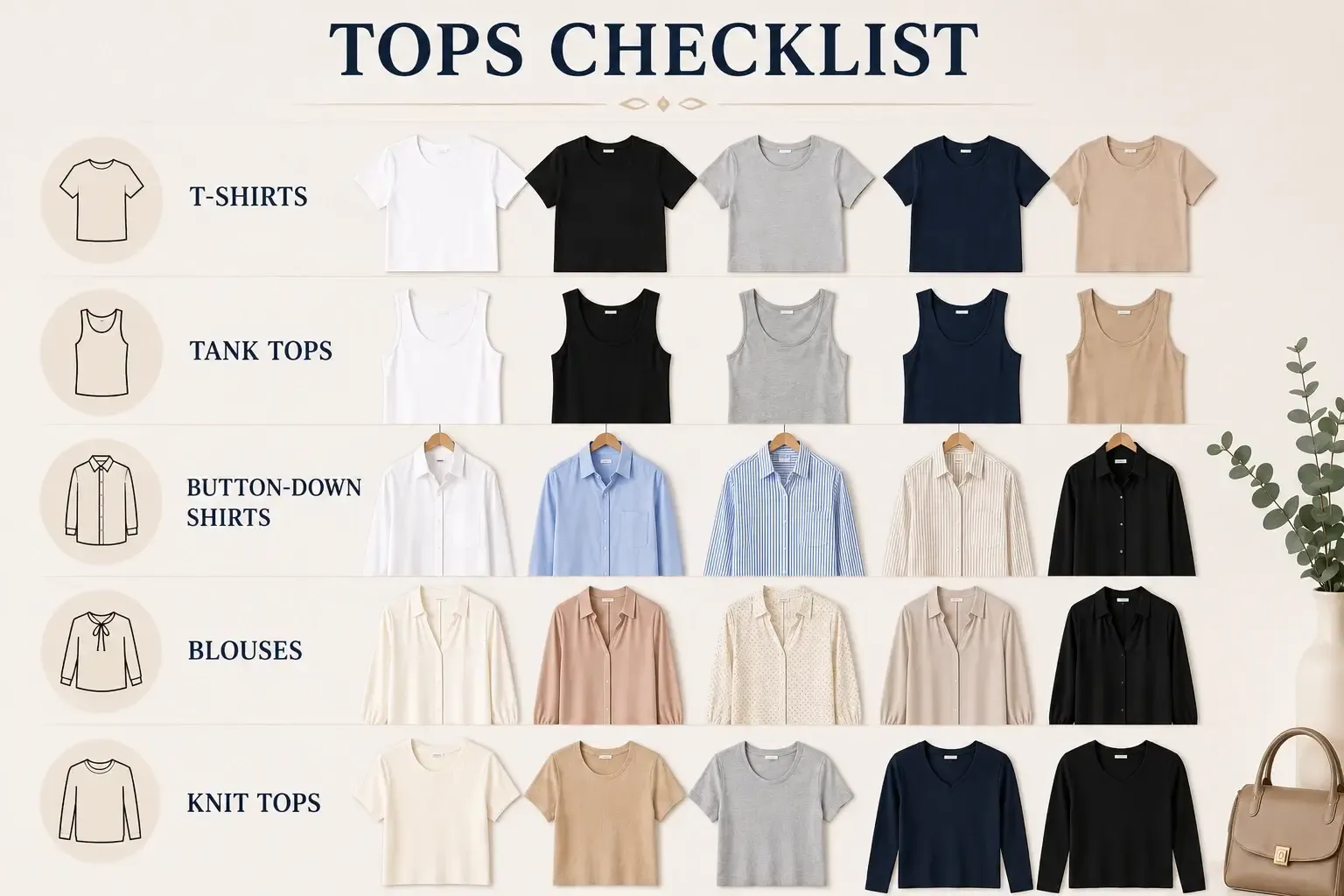 Tops Checklist items, shirts, tank tops, ...